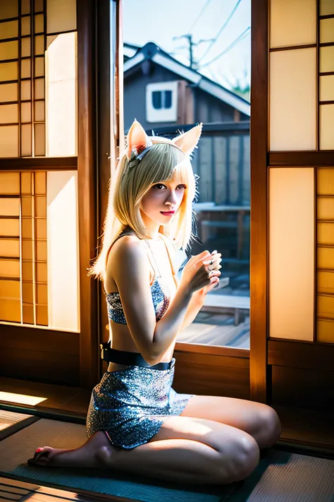 blonde skinny women wearing cat ears kneeling inside a japanese house