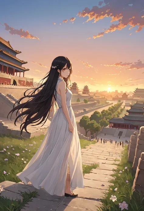 1 girl，模特拍照姿势站在ancient city房屋的顶端，flowing long hair，Gaze at the distant skyline，那Sunset余晖与古老的the forbidden city映造出一道美丽的风景，west wind blows girl&#39;Long hair on the ancient road，the forbidden city，Sunset，Sunset，cloud，fallen flowers，ancient city，dead tree，mot...