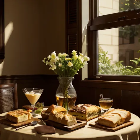 Generate a photorealistic image capturing an elegant breakfast table scene with an array of bread and assorted items. The composition should be visually appealing, emphasizing the beauty of the arrangement. The environment should highlight the textures of ...