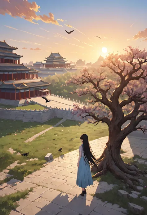 1 girl，模特拍照姿势站在ancient city房屋的顶端，flowing hair，Gaze at the distant skyline，那Sunset余晖与古老的the forbidden city映造出一道美丽的风景，west wind blows girl&#39;Long hair on the ancient road，the forbidden city，Sunset，Sunset，cloud，fallen flowers，ancient city，dead tree，Old crow...