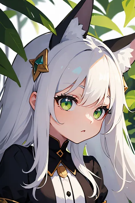 (((masterpiece))), top quality, super detailed, animal ears, ， white hair,Green eyes ,woman，loli，