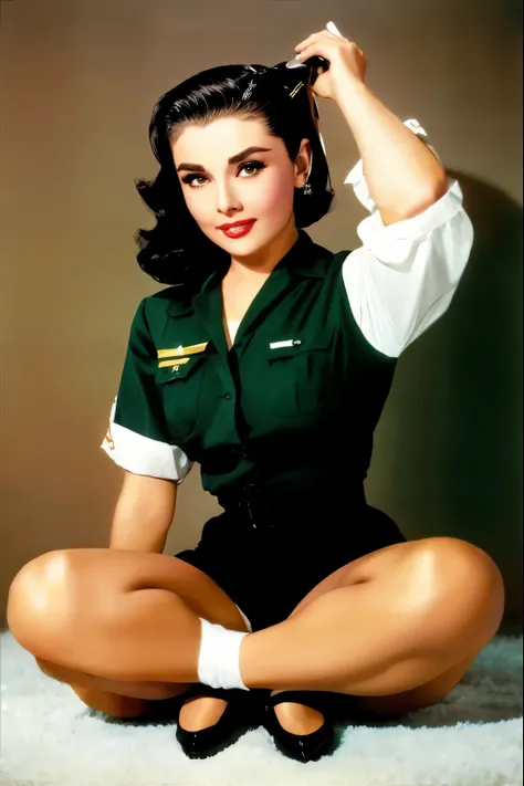 arafed woman em uniforme sitting on the floor with her hands on her head, estilo gil elvgren, pôster pose, vintage pôster, Elizabeth Taylor, retro pôster model, pôster, foto colorida vintage, girl pôster, Gil Elvgren 50mm, sixties pôster, sherilyn fenn 2 2...