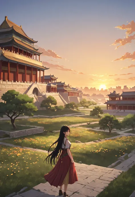 1 girl，模特拍照姿势站在ancient city房屋的顶端，Gaze at the distant skyline，那Sunset余晖与古老的the forbidden city映造出一道美丽的风景，west wind blows girl&#39;Long hair on the ancient road，the forbidden city，Sunset，Sunset，cloud，fallen flowers，ancient city，dead tree，mottled，grassland，Sil...