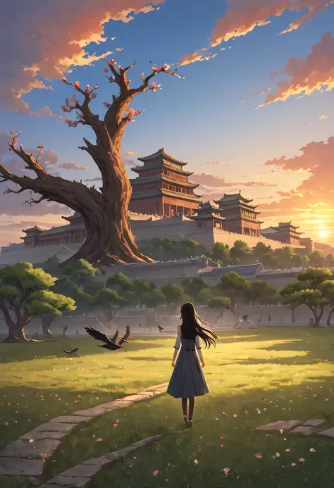 1 girl，模特拍照姿势站在ancient city房屋的顶端，Gaze at the distant skyline，那Sunset余晖与古老的the forbidden city映造出一道美丽的风景，west wind blows girl&#39;Long hair on the ancient road，the forbidden city，Sunset，Sunset，cloud，fallen flowers，ancient city，dead tree，Old crow，mottled，gras...