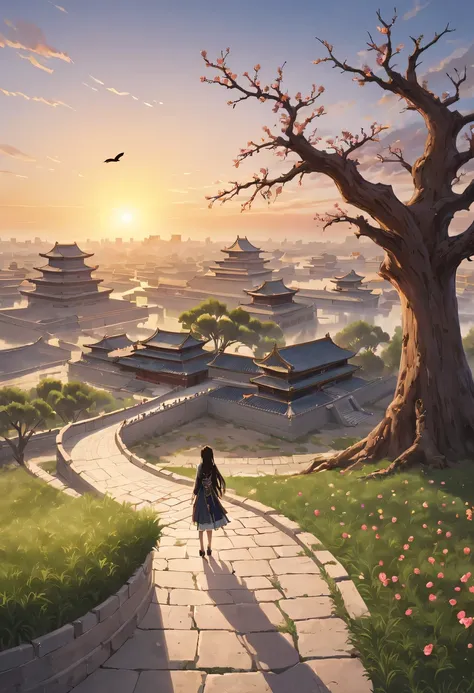 1 girl，模特拍照姿势栖息在ancient city房屋的顶端，Gaze at the distant skyline，那Sunset余晖与古老的the forbidden city映造出一道美丽的风景，west wind blows girl&#39;Long hair on the ancient road，the forbidden city，Sunset，Sunset，cloud，fallen flowers，ancient city，dead tree，Old crow，mottled，gra...