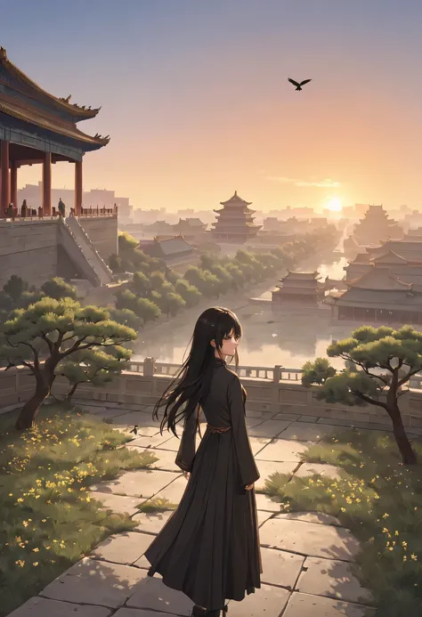 1 girl，模特拍照姿势栖息在ancient city房屋的顶端，Gaze at the distant skyline，那Sunset余晖与古老的the forbidden city映造出一道美丽的风景，west wind blows girl&#39;Long hair on the ancient road，the forbidden city，Sunset，Sunset，cloud，fallen flowers，ancient city，dead tree，Old crow，mottled，gra...