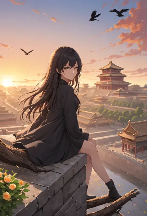 1 girl，Model posing for photo on top of house，Gaze at the distant skyline，那Sunset余晖与古老的the forbidden city映造出一道美丽的风景，west wind blows girl&#39;Long hair on the ancient road，the forbidden city，Sunset，Sunset，cloud，fallen flowers，ancient city，dead tree，Old crow...