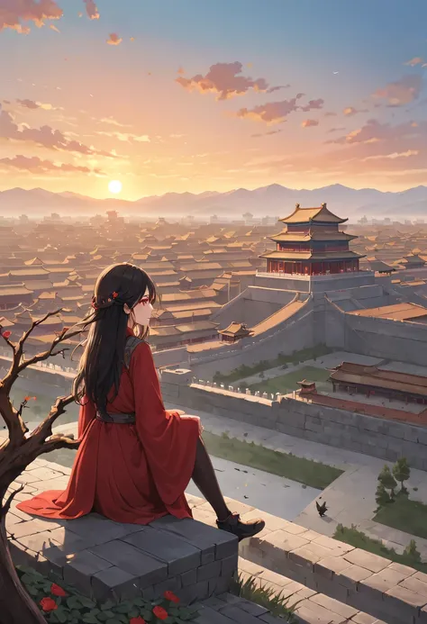 a woman with red makeup sits on the roof of the house，gaze at the distant skyline，那sunset余晖与古老的the forbidden city映造出一道美丽的风景，west...