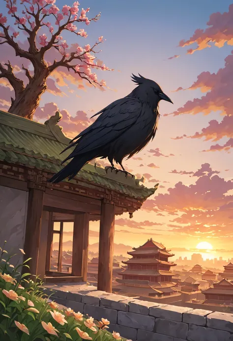 A woman with red makeup sits on the roof of the house，Gaze at the distant skyline，那Sunset余晖与古老的the forbidden city映造出一道美丽的风景，west wind blows girl&#39;Long hair on the ancient road，the forbidden city，Sunset，Sunset，cloud，fallen flowers，ancient city，dead tree，...