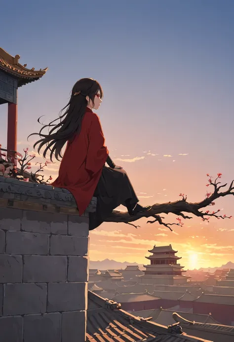 A woman with red makeup sits on the roof of the house，Gaze at the distant skyline，那Sunset余晖与古老的the forbidden city映造出一道美丽的风景，west wind blows girl&#39;Long hair on the ancient road，the forbidden city，Sunset，Sunset，cloud，fallen flowers，ancient city，dead tree，...