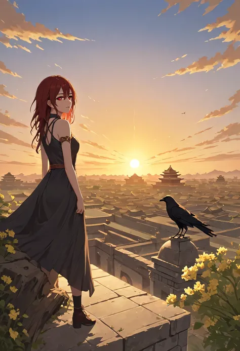 A woman with red makeup sits on the roof of the house，Gaze at the distant skyline，The sunset and the ancient capital create beautiful scenery together，Ancient road westerly wind，the forbidden city，Sunset yellow sand，Sunset，cloud，fallen flowers，ancient city...