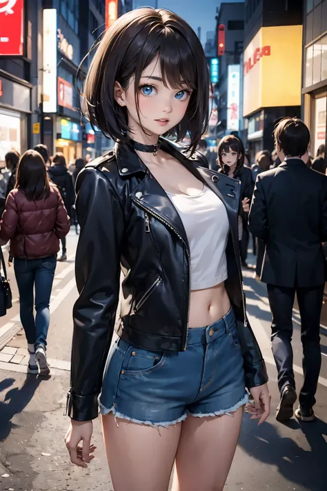 20 year old beauty、Japanese、perfect face, beautiful and symmetrical face:1.2、beautiful face:1.2、beautiful eyes:1.2、dark brown hair,bob cut hair,ideal ratio body proportions、skinny,slender body,medium breasts,punk fashion、leather jacket、micro shorts、bustlin...