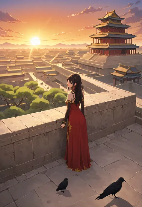 A woman with red makeup sits on the roof of the house，Gaze at the distant skyline，The sunset and the ancient capital create beautiful scenery together，Ancient road westerly wind，the forbidden city，Sunset yellow sand，Sunset，cloud，fallen flowers，ancient city...