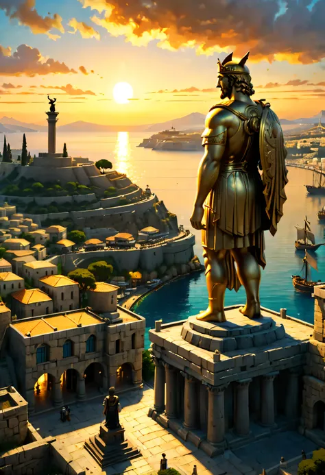 the corner castle terrace overlooks ancient city of rhodes with view of the port, mesmerizing colossus of rhodes bathed by sunse...