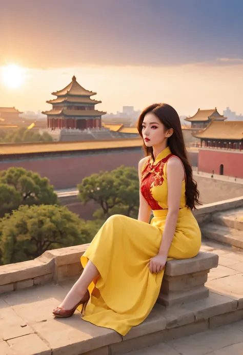 a woman with red makeup sits on the roof of the house，gaze at the distant skyline，the sunset and the ancient capital create beau...