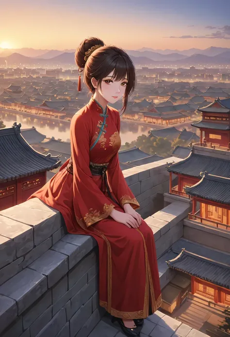 (best quality,Super detailed,actual:1.37), A girl in a traditional red dress lies on the roof, gazing towards the distant skyline where the lingering Sunset illuminates the ancient capital, Create breathtakingly beautiful landscapes. (Chinese theme, Beijin...