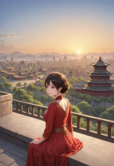 (best quality,Super detailed,actual:1.37), A girl in a traditional red dress lies on the roof, gazing towards the distant skyline where the lingering Sunset illuminates the ancient capital, Create breathtakingly beautiful landscapes. (Chinese theme, Beijin...