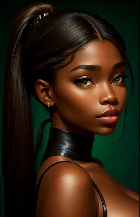 Protrait, [ebony girl], realistic photograph, androgynous hunnuman, oval jaw, delicate features, beautiful face, honey hair, big cheeks, long bangs, long ponytail, bright honey-green eyes, large breast, 