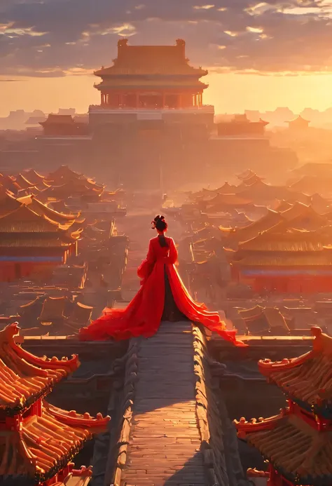 A woman with red makeup sits on the roof of the house，Gaze at the distant skyline，The sunset and the ancient capital create beautiful scenery together，the forbidden city