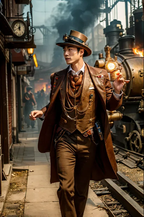 A man in Chinese clothes gets lost in a steampunk world