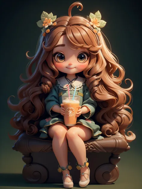  (masterpiece: 1.2)， (best quality)，Cute chibi style doll，Drink juice with a straw，sitting,(best quality), ((masterpiece)), (high resolution)，(happy)，Happy，happy，Long curly hair。(intricate details) ，(8k)， (exquisite eyes) (sharp focus), 