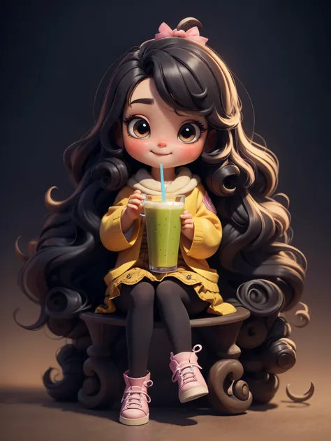  (masterpiece: 1.2)， (best quality)，Cute chibi style doll，Drink juice with a straw，sitting,(best quality), ((masterpiece)), (high resolution)，(happy)，Happy，happy，Long curly hair。(intricate details) ，(8k)， (exquisite eyes) (sharp focus), 