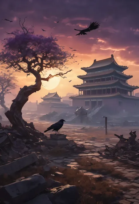 (best quality,4K,8k,high resolution,masterpiece:1.2), Super detailed, (actual,photoactual,photo-actual:1.37), future warrior, Bare tree, Old crow, West Wind Ancient Road, stare into the distance, sunset in ancient capital, well worn, mottled city wall, Ove...