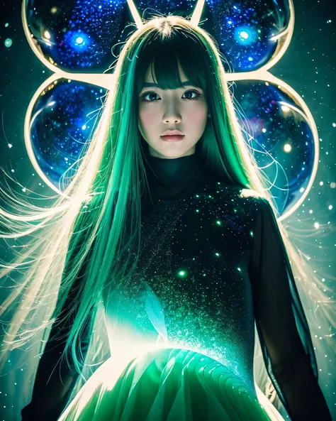 beautiful japanese girl　thin emerald green hair　Detailed complex hair　Super Long Straight Silk Hair　asymmetrical bangs、magical beautiful eyes　moist black eyes, black dress　portrait, Super detailed, realistic, space, glass sphere, futuristic, SF, bright col...