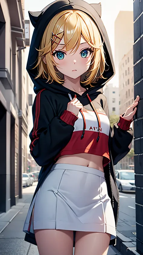 Kagamine rin , 1 girl , wearing a red hooded sweater , white miniskirt with gold horizontal lines , viendo al espectador , bragas visibles , rostro seductor ,(imagen de ultra alta calidad 8k ) obra maestra ( high-definition picture ) , maximum image resolu...