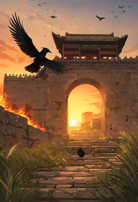 future warrior，dead crow，Ancient road westerly wind，Looking into the distance，sunset in ancient capital，well worn，The city wall is mottled，wild grass fire，Silent and desolate，the forbidden city