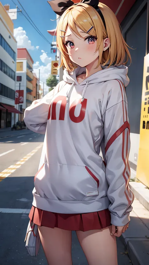 Kagamine rin , 1 girl , wearing a red hooded sweater , white miniskirt with gold horizontal lines , viendo al espectador , bragas visibles , rostro seductor ,(imagen de ultra alta calidad 8k ) obra maestra ( high-definition picture ) , maximum image resolu...