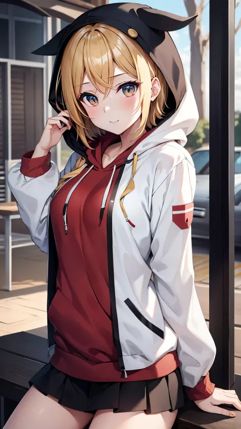 Kagamine rin , 1 girl , wearing a red hooded sweater , white miniskirt with gold horizontal lines , viendo al espectador , bragas visibles , rostro seductor ,(imagen de ultra alta calidad 8k ) obra maestra ( high-definition picture ) , maximum image resolu...