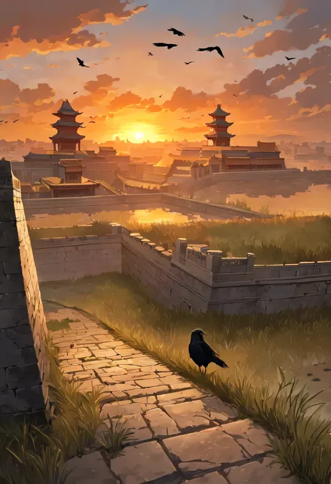 dead crow，Ancient road westerly wind，Looking into the distance，sunset in ancient capital，well worn，The city wall is mottled，wild grass fire，Silent and desolate，the forbidden city