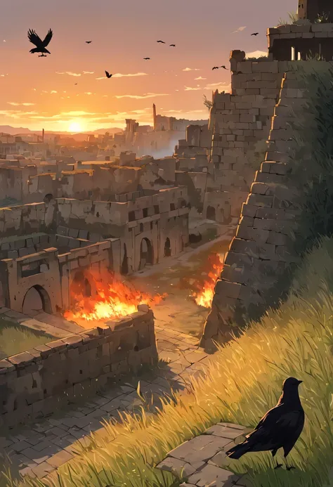 dead crow，Ancient road westerly wind，Looking into the distance，sunset in ancient capital，well worn，The city wall is mottled，wild grass fire，Silent and desolate，Loulan Ancient City