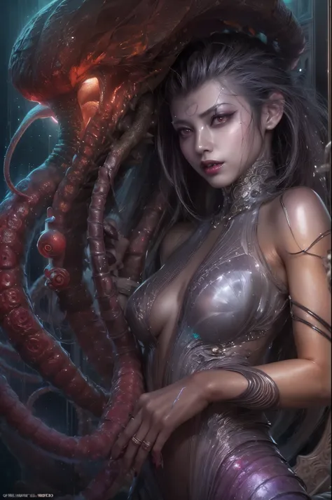 (1 beautiful and obscene female alien:1.4), (There is a female genital-like organ in the middle of her forehead:1.95), She has medusa-like hair, (there are lots of translucent tentacles from her head like her hair:1.5), (vulgarity1.7), (she is looking down...