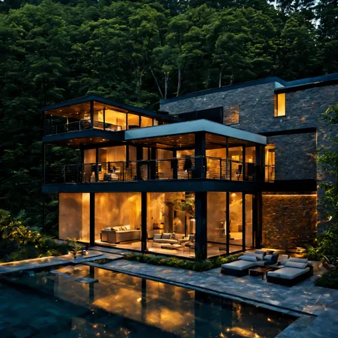 design view on a picturesque wooden modern villa nestled in the midst of towering mountains and a serene rainy forest. envision ...