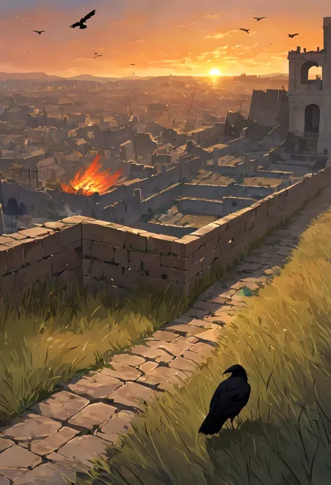 dead crow，Ancient road westerly wind，Looking into the distance，sunset in ancient capital，well worn，The city wall is mottled，wild grass fire，Silent and desolate