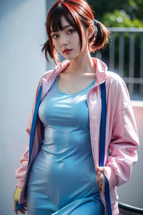 Ultra realistic Nokia Shiramine from Digimon Cyber Sleuth, raw photo, breasts, blue eyes, pigtails, asian woman, light skin, 20yo, short hair, red hair, light blue dress, pink Jacket, waterdroplets, entire body