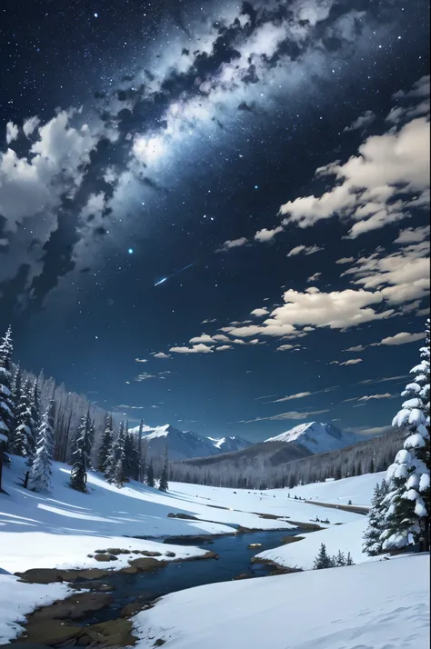 (best quality,4k,8k,highres,masterpiece:1.2),ultra-detailed,(realistic,photorealistic,photo-realistic:1.37),night sky,grassland with detailed blades of grass, snow-capped mountains, Hayao Miyazaki style, starry night, serene atmosphere, vibrant colors, sof...