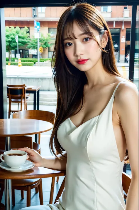 (best quality,4k,highres),(realistic:1.37), Detailed Eyes, White Dress, Cafe, Fair-skinned, (upper half of the body on the screen), Busty,