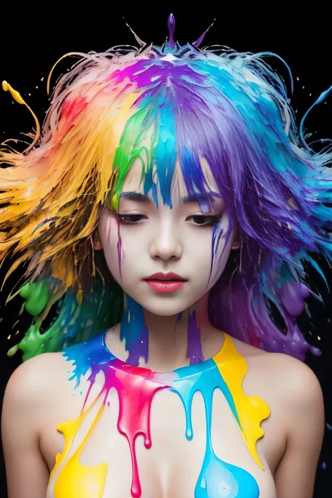 (level difference:1.8),(paint collides and splatters on the canvas),(written boundary depth),1 girl, 15 years old, japanese, (li...