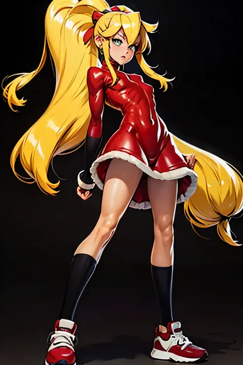 Generate an illustration of a mature Roll, gym leader of megaman , (red dress), hd, holding  all,  de terno preto, long blonde hair, long ponytail, hair bangs, fringes, shiny hair, (small breasts:1.2), outfit in anime format with a serious style, sneakers,...