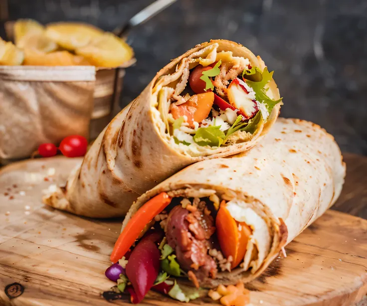 there is a wrap with meat and vegetables on it on a cutting board, kebab, full subject shown in photo, professional food photogr...