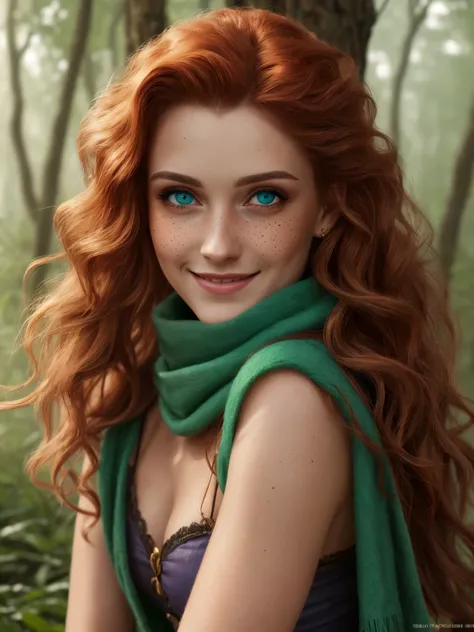 (Realistic:1.2), photorealistic atractive beautiful woman with messy ginger hair, blue eyes, little freckles, wearing a long green scarf and green leg warmers, Princess Merida, Brave, cute sexy, feminine pose, in the fantasy forest, cinematic lighting, eth...