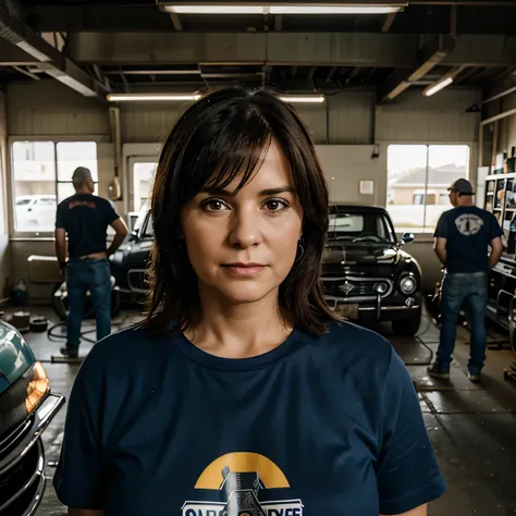 portrait of a middle aged woman working in a car garage where also op group of men are working.
