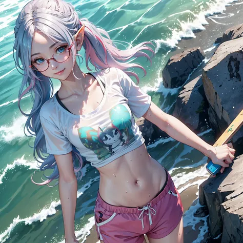 subject far from camera, rough draft leonardo da vinci style, (japanese elf Female), bright Sunlight, (wet long silver Pink blue hair tied in back in a ponytail),(red wet tshirt and shorts), cat logo on shirt,(on the beach),(masterpiece), splashing water a...