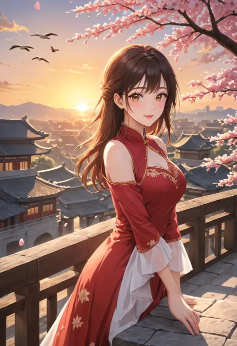 (Girl in red,perched on top of house,Admire the distant skyline,sunset,ancient imperial city,cloud,falling petals,become sunny,historical capital, flock of wild geese) ,painting,Super detailed,bright colors,sharp focus,professional lighting,lifelike,human ...