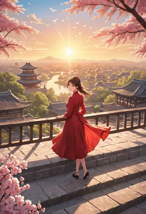 (Girl in red,perched on top of house,Admire the distant skyline,sunset,ancient imperial city,cloud,falling petals,become sunny,historical capital, flock of wild geese) ,painting,Super detailed,bright colors,sharp focus,professional lighting,lifelike,human ...