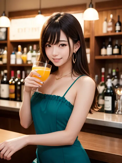 masterpiece、Japanese gravure idol、BAR at night、Dim Tavern、A woman with long, lightly curled brown hair is drinking a fruit-infused cocktail at a counter seat.、20-year-old、Woman with a young face、wearing a chic dark blue dress、gold earrings in ears、drink al...