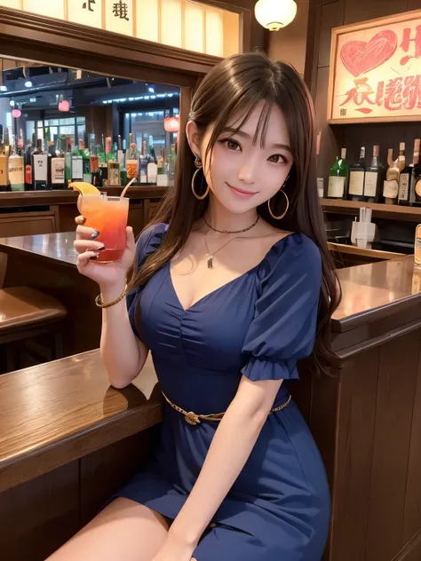 masterpiece、Japanese gravure idol、BAR at night、Dim Tavern、A woman with long, lightly curled brown hair is drinking a fruit-infused cocktail at a counter seat.、20-year-old、Woman with a young face、wearing a chic dark blue dress、heart earrings in ears、drink a...